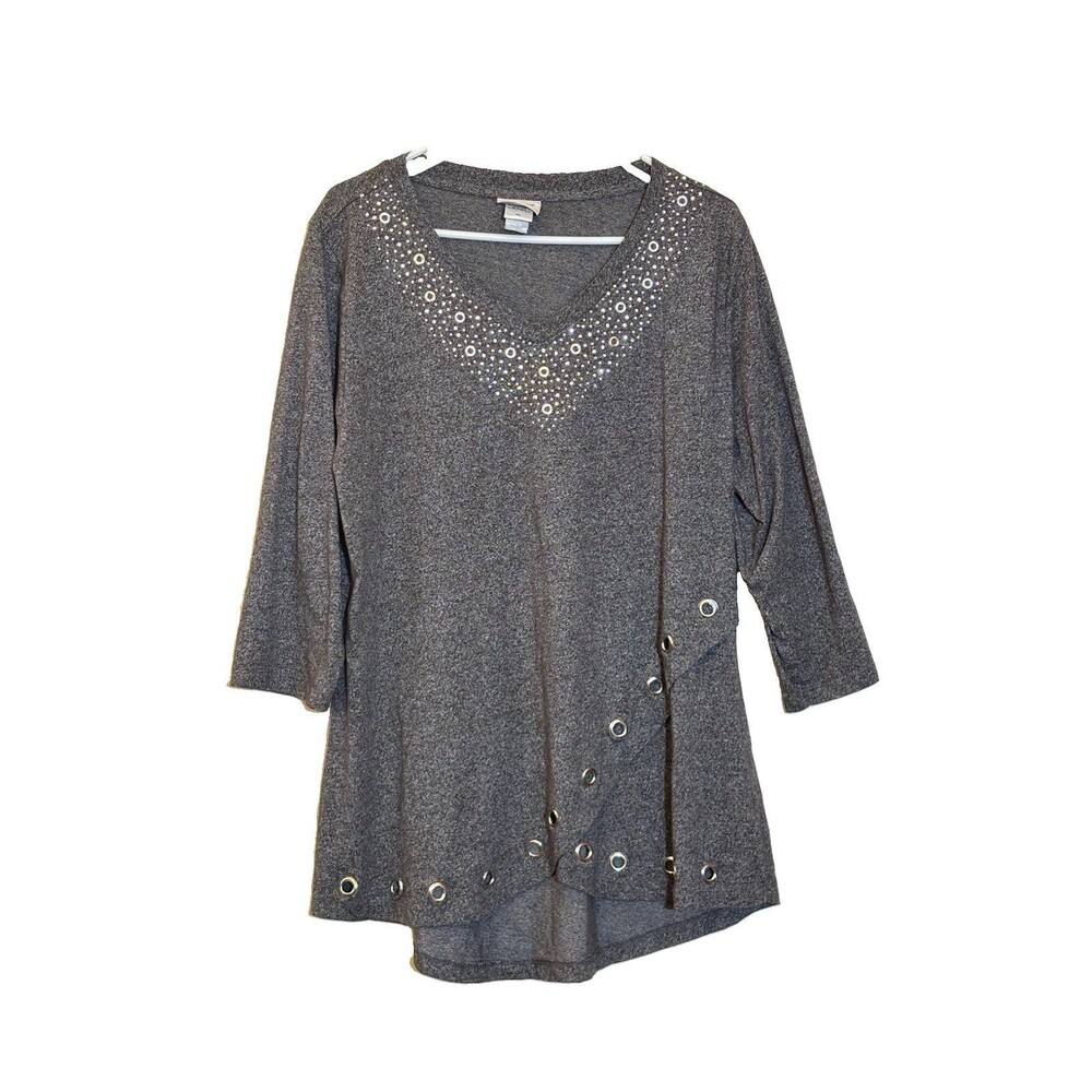 Distinct Women’s XL Gray Tunic Top 3/4 Sleeve Grommet Accent Stretch Shirt Tunic